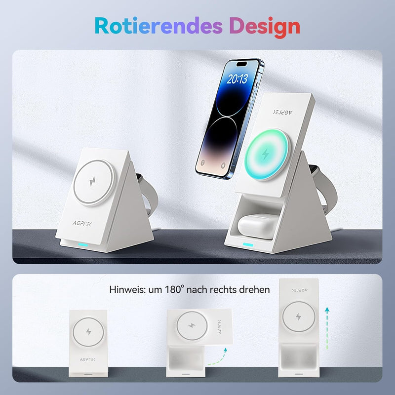 Mag-Safe Ladestation, AGPTEK 3 in 1 Wireless Charger, 15W Qi induktive Ladestation, Kabelloses Ladeg