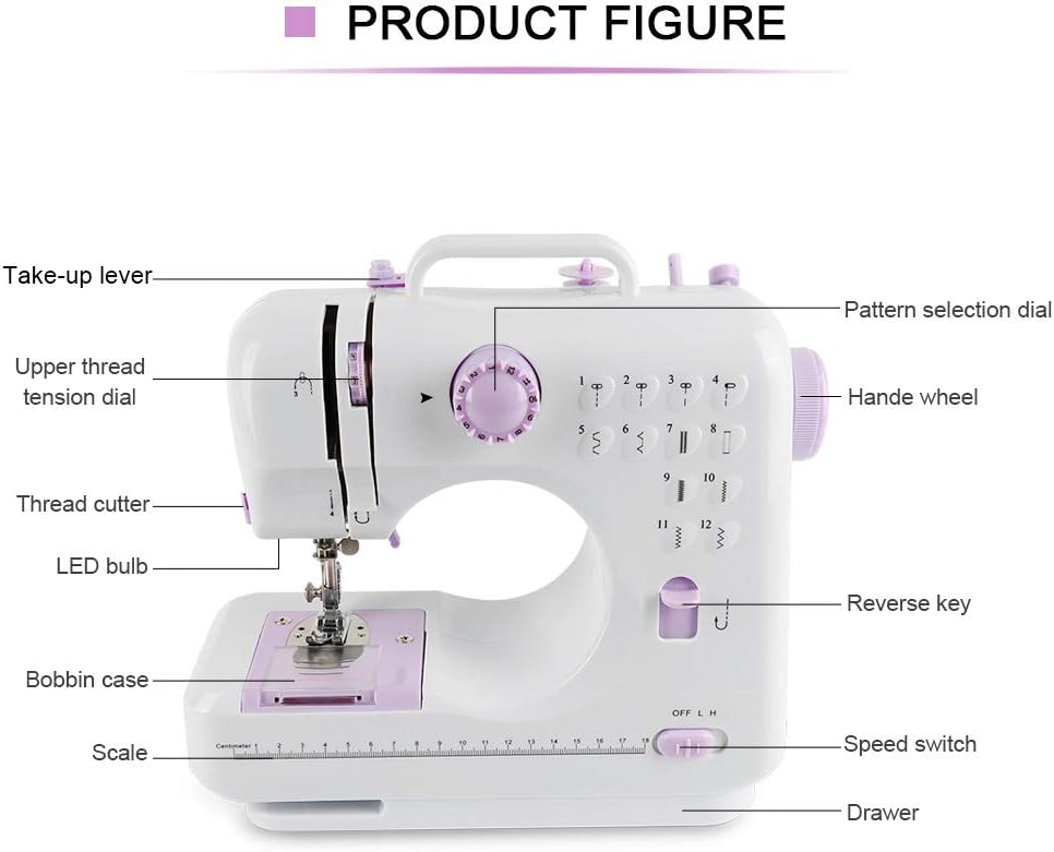 Nähmaschine für Kinder & Anfänger, 12 Stichmuster, Mini Nähmaschine mit Fusspedal, Strom und Batteri