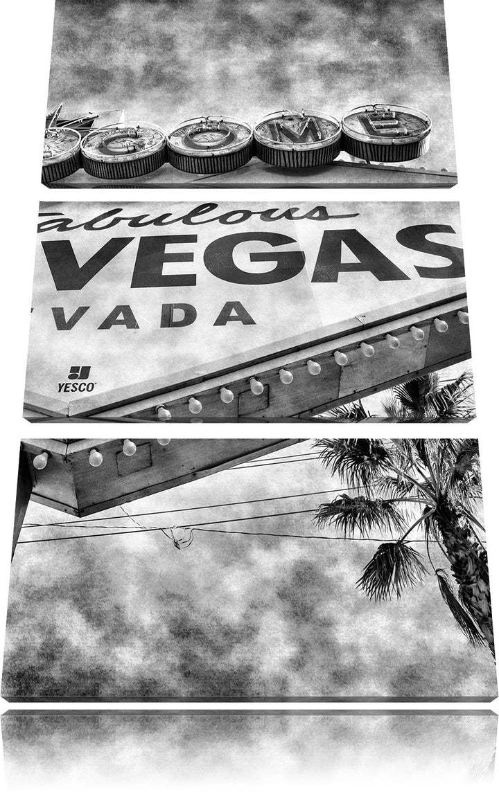 Pixxprint Monocrome, Las Vegas Ortseingangsschild im Retro Look 3-Teiler Leinwandbild 120x80 Bild au