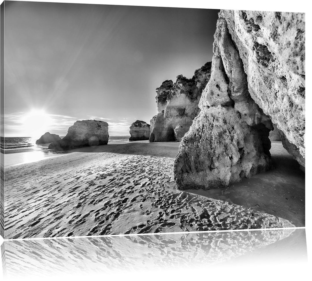 Pixxprint Monocrome, Sonnenuntergang an Felsen, Format: 100x70 auf Leinwand, 100x70