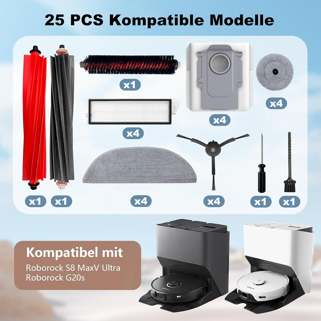 25PCS Zubehör für Roborock S8 MaxV Ultra/S8 Max Ultra Staubsauger,2 Hauptbürsten,4 HEPA-Filter,4 Mop