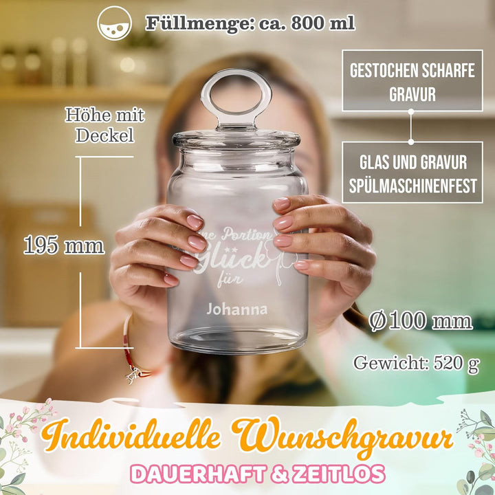 PR Print Royal Personalisierte Keksdose aus Glas mit Gravur - 800 ml - Eine Portion Glück mit Name s