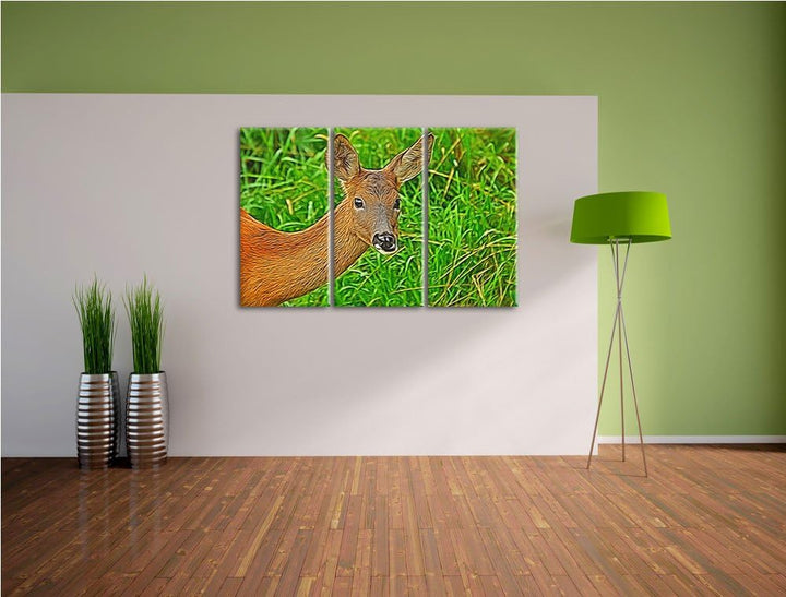 Reh beim Fressen 3 Teilig, Gesamtgrösse 120x80 cm auf Leinwand, XXL riesige Bilder fertig gerahmt mi