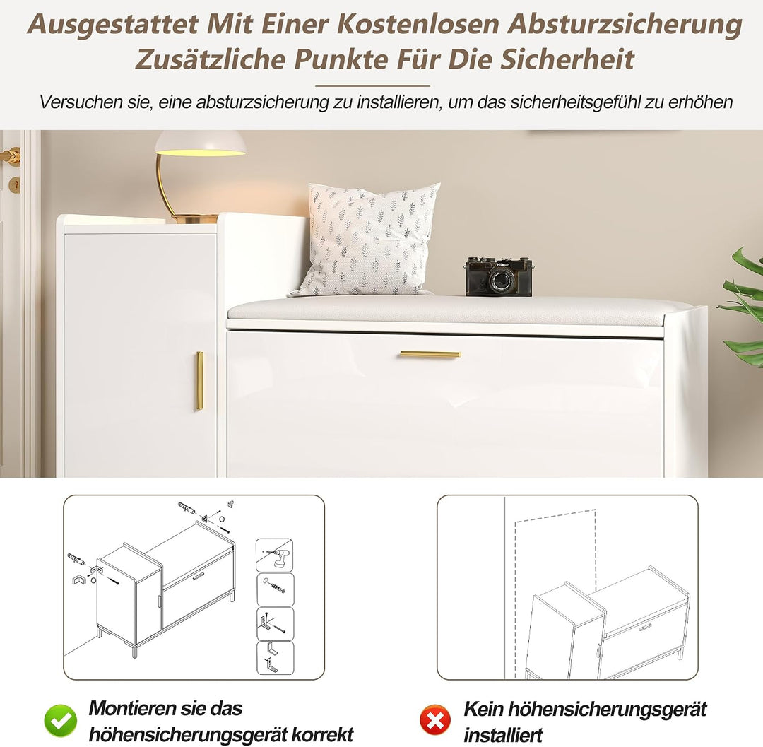 Merax Schuhschrank 100 × 38 × 68 cm mit Sitzbank &amp; Stauraum, Hochglanz Schuhregal mit 2 Klappfächern