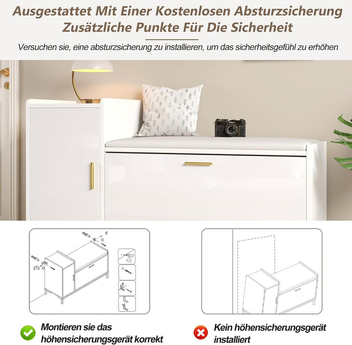 Merax Schuhschrank 100 × 38 × 68 cm mit Sitzbank &amp; Stauraum, Hochglanz Schuhregal mit 2 Klappfächern
