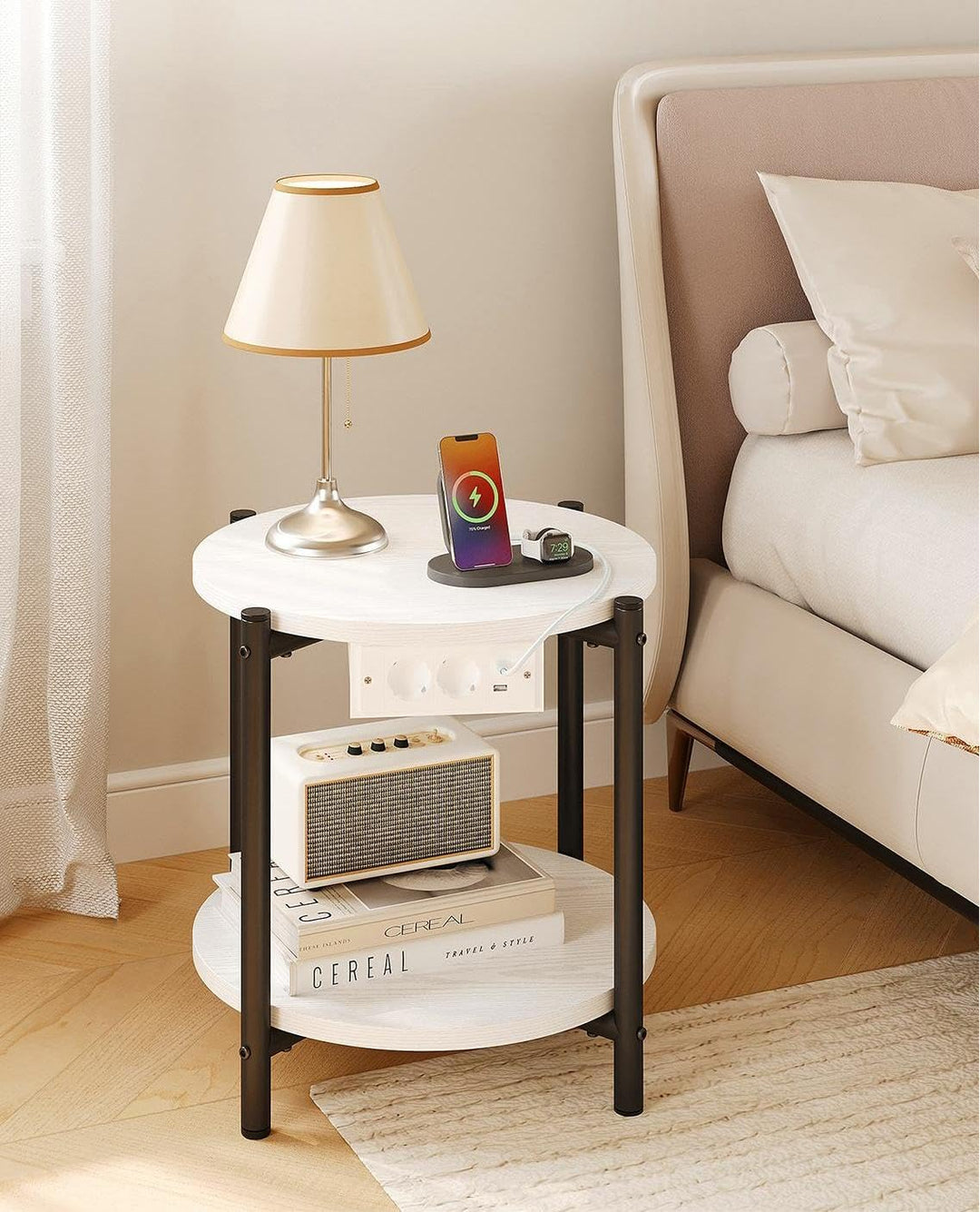 IRONCK Rund Nachttisch 2er Set, Beistelltisch mit Steckdose, USB-C-Anschluss, Kleiner Tisch Holz & M