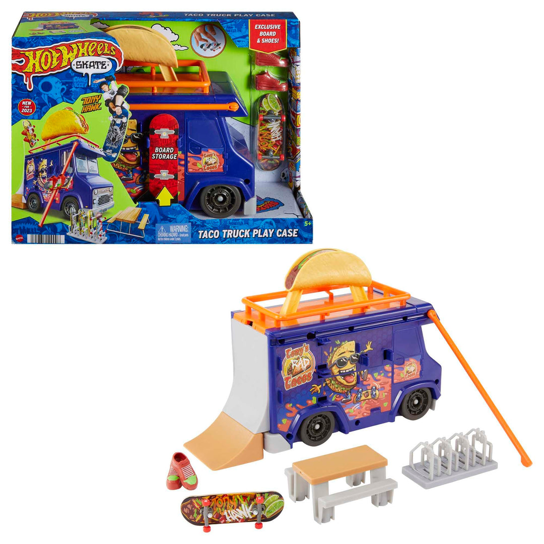 Hot Wheels Skate Taco-Truck Spielkoffer - Mit herausziehbarem Geländer für Coole Skate-Tricks, inklu