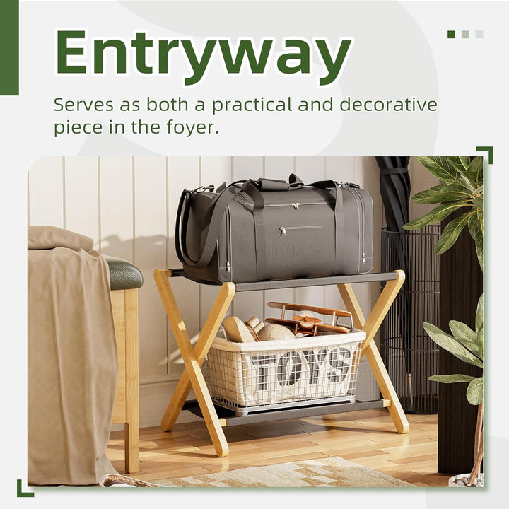 Kofferständer, faltbarer Gepäckträger aus Bambus mit Ablage für Gästezimmer, Schlafzimmer, Hotel, Cl