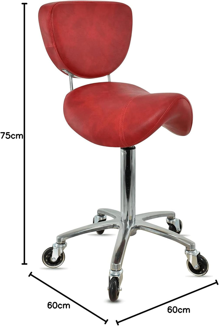 Sattelhocker mit Lehne Rot, Sattelstuhl für Rückenentlastung, Rollhocker höhenverstellbar von 55-75