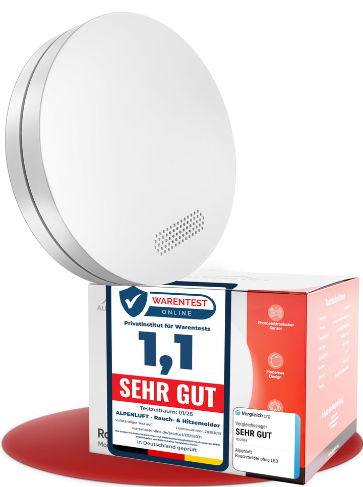 ALPENLUFT Rauchmelder 10 Jahre Batterie, Feuermelder Flach, Rauchwarnmelder, Brandmelder, | Ohne Boh