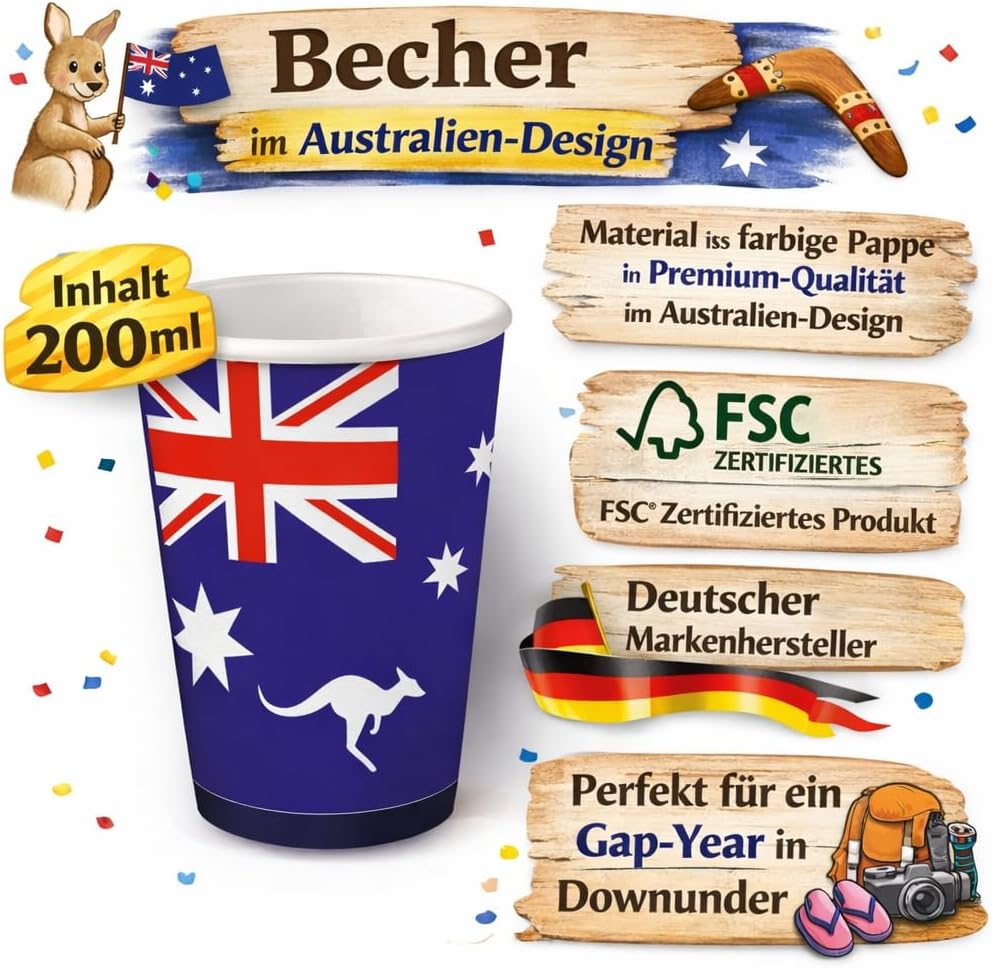 DH-Konzept/CARPETA 37-TLG. Party-Set * AUSTRALIEN * mit Pappteller + Servietten + Pappbecher + Lufts