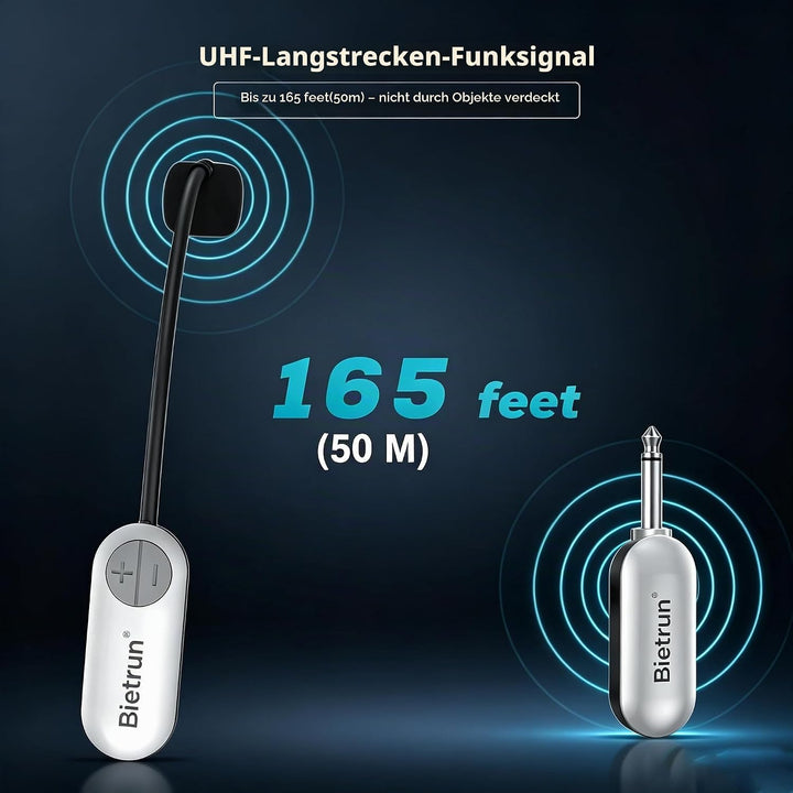 Bietrun UHF-Headset mit kabellosem Mikrofon, 50 m Reichweite, Betriebszeit 6 Stunden, 6,35-mm-Stecke