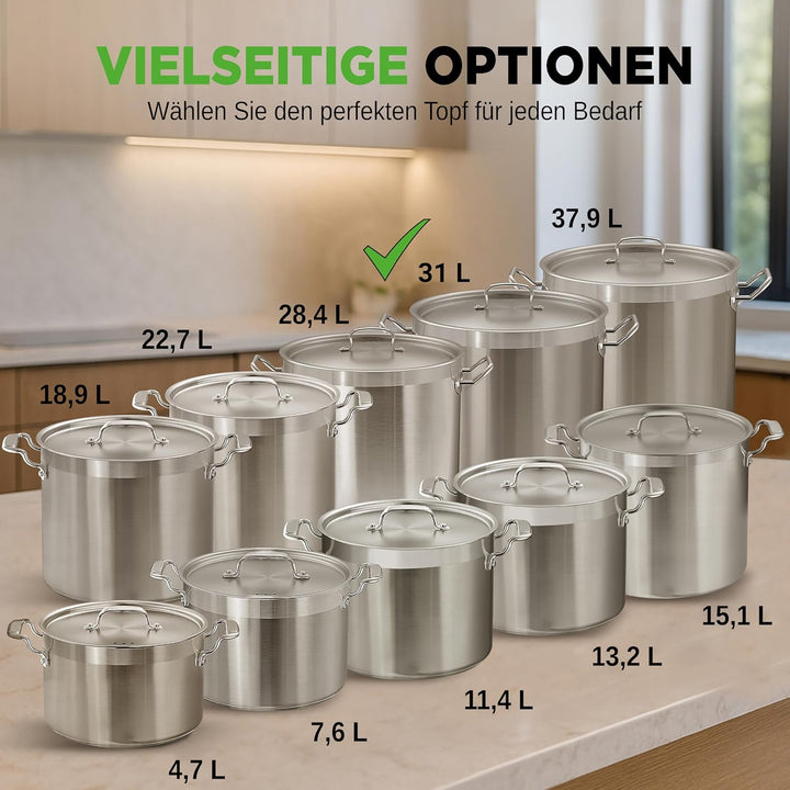 NutriChef Edelstahl Kochtopf 33,1L Induktion – Suppentopf mit Deckel, Profiqualität für Gastronomie