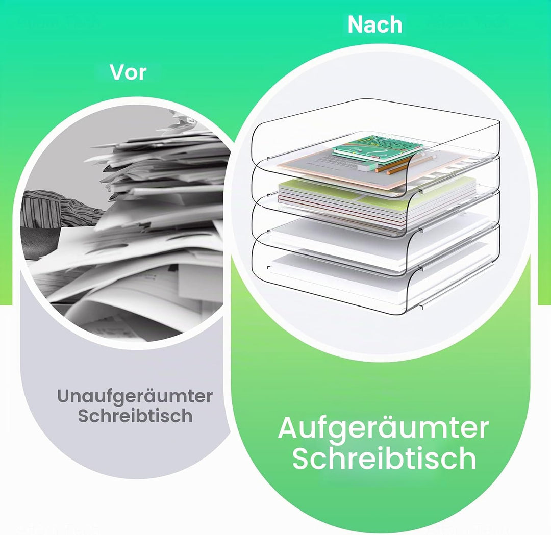 Tomorotec Schreibtisch-Briefablage-Set, 4er-Pack, Frontlader, A4-Grösse, transparent, PET, stapelbar