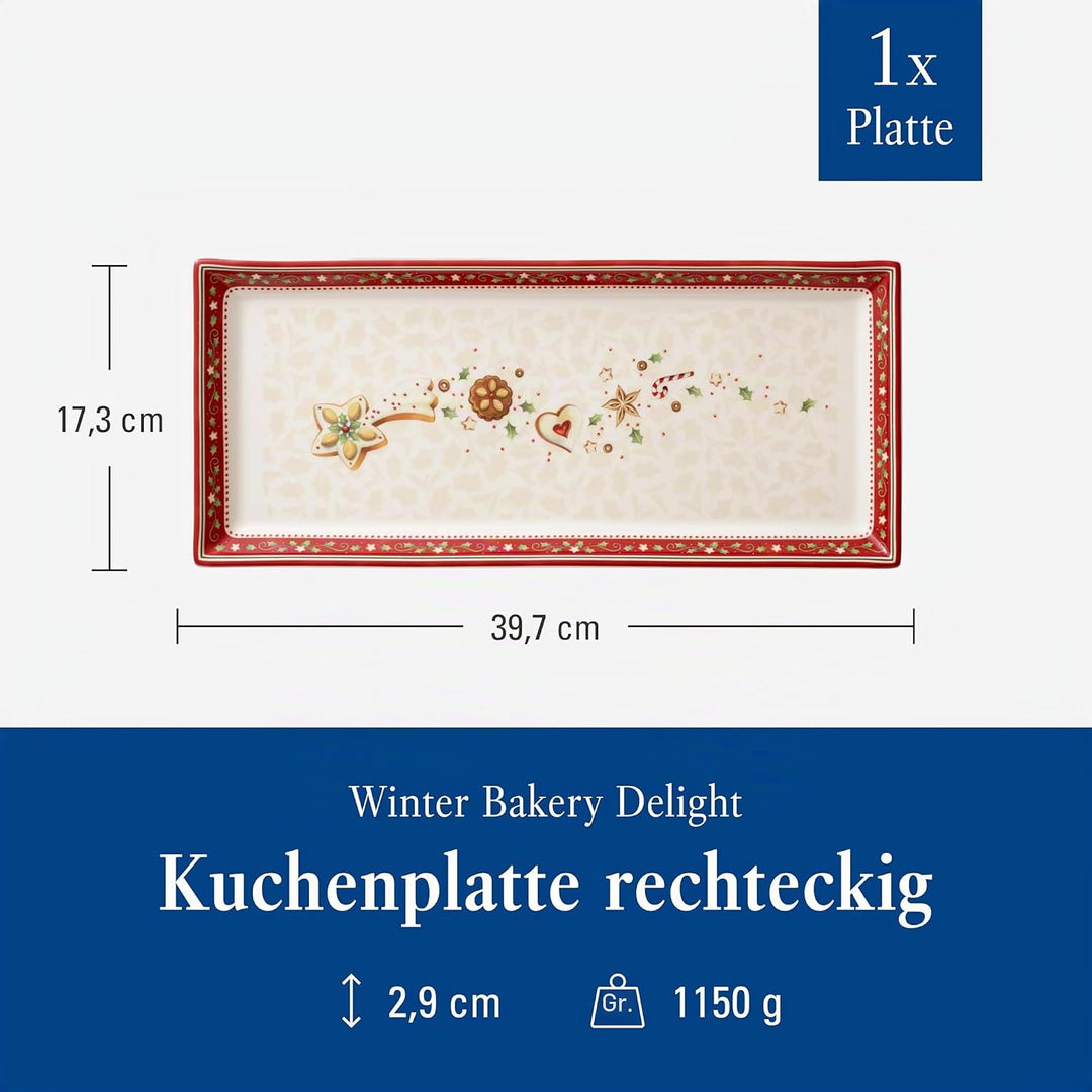 Villeroy und Boch Winter Bakery Delight Rechteckige Kuchenplatte, Premium Porzellan, Weiss/Rot/Beige