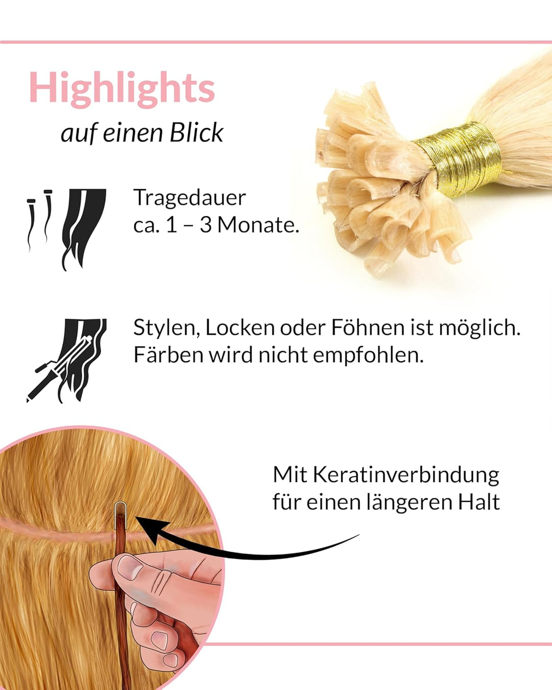 hair2heart Extensions Echthaar Bondings Glatt - 200 Strähnen 0.5g 60cm Goldblond #22 Goldblond 60cm