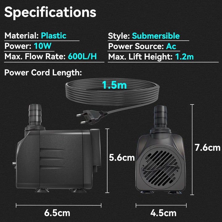 Springbrunnenpumpe 10W 600L/H Schutz vor überhitzung Funktion Ultra Leise Teichpumpe Wasserpumpen Mi