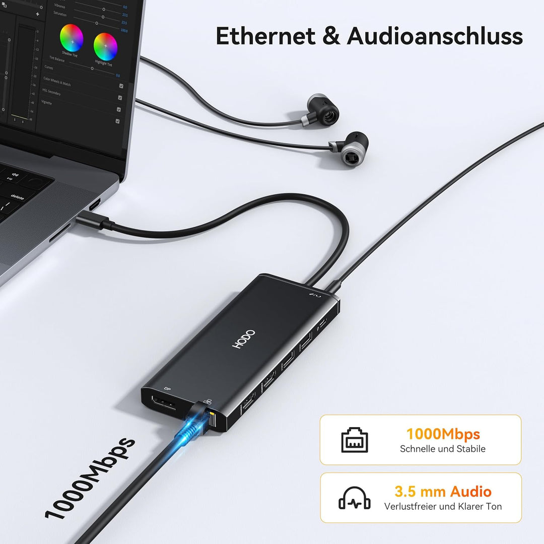 HODO Dockingstation Laptop 2 Monitore, Triple Display Docking Station USB-C Hub 14 in 1 mit Dual HDM