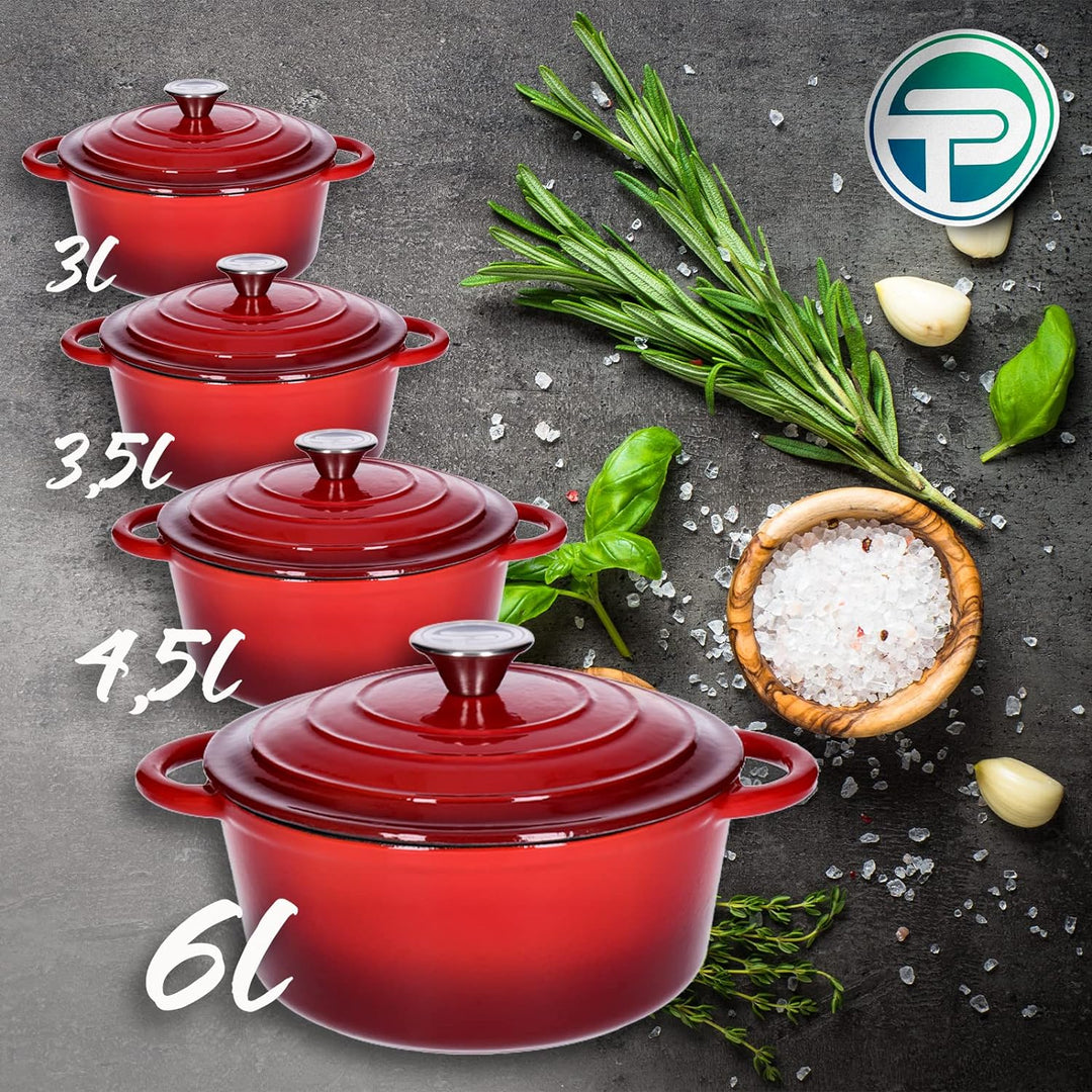 Kochtopf, Kasserole Fleischtopf aus emailliertem Gusseisen mit Deckel 6L, Ø28cm Edelstahl-Knauf, für