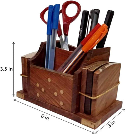 Purpledip Schreibtisch-Organizer aus Holz, Besteck-Halter, Set mit 6 Untersetzern (12303)