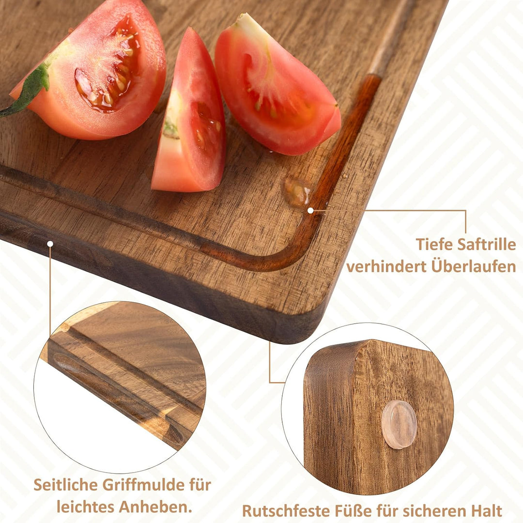 Akazienholz Schneidebrett Set 3-teilig mit Saftrille &amp; Griffmulde | Massives Holzbrett für Fleisch,