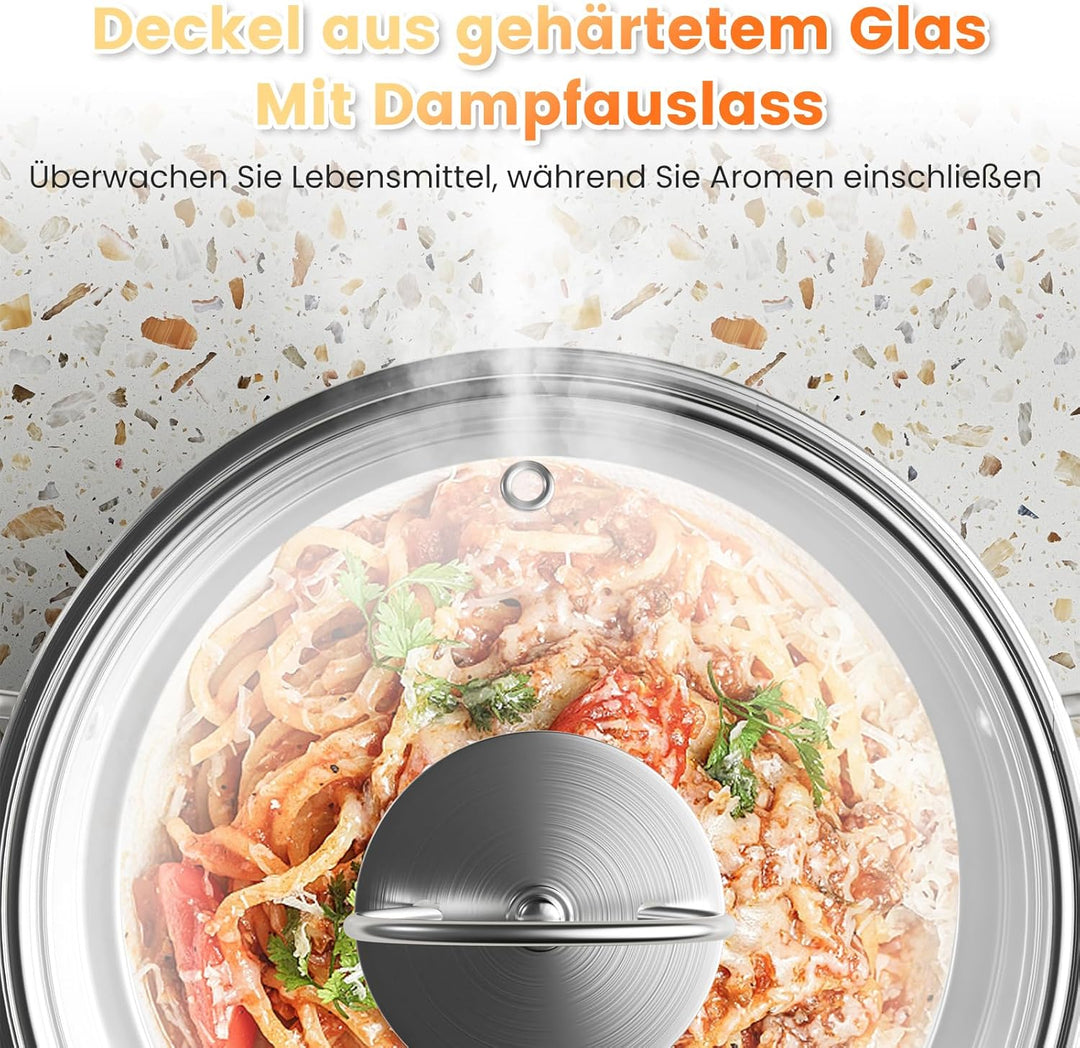 Topfset aus Edelstahl, Grosses Kochgeschirr Induktion-Kochtopf-Set, Töpfe mit Glasdeckel und Stielka