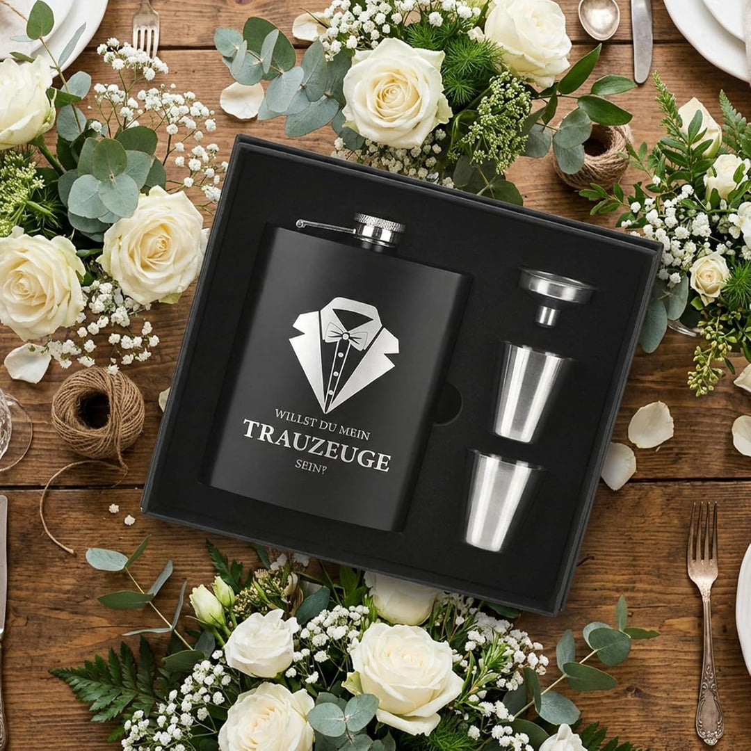 Willst Du Mein Trauzeuge Sein Flachmann Mit Gravur In Schwarz, Einzigartiges Geschenkset Mit Trinkbe