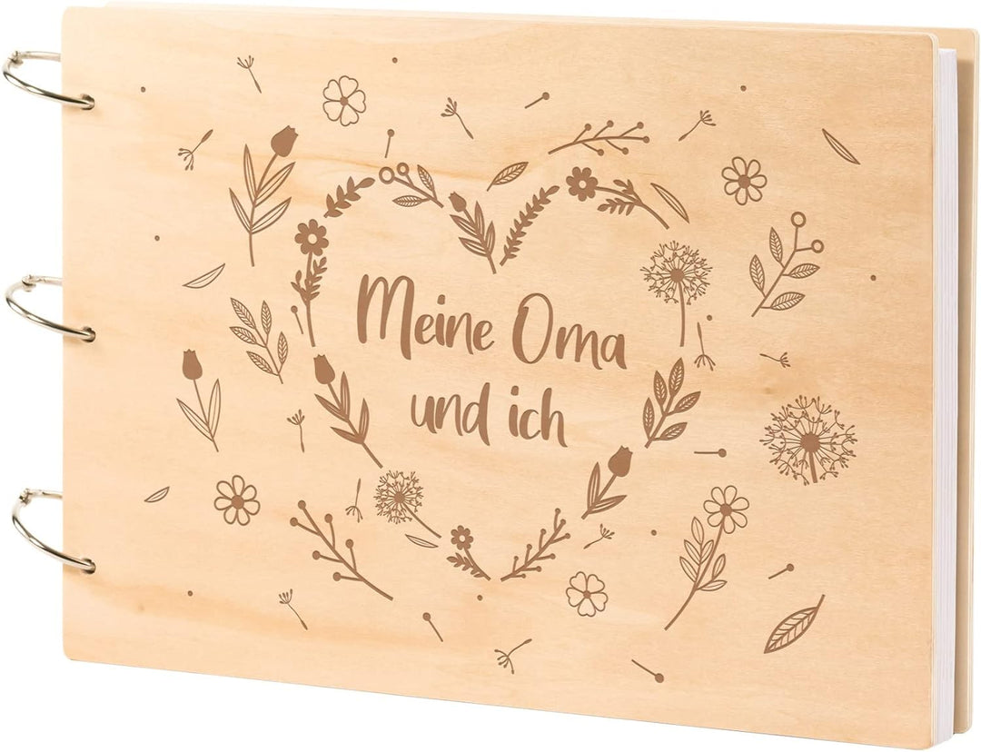 Casa Vivente Fotoalbum zum Selbstgestalten mit Holz-Cover und Gravur für deine Oma, Motiv Blumenherz