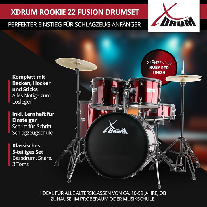 XDrum Rookie 22" Fusion Schlagzeug Komplettset Ruby Red - Ideal für Einsteiger - Stylische Hardware
