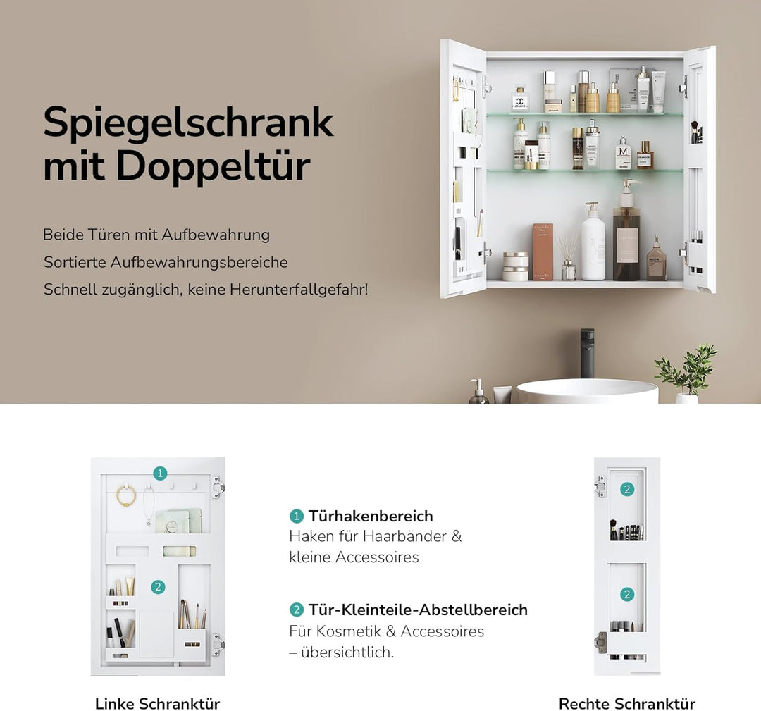 EMKE Spiegelschrank Bad 60×65×14,5 cm aus Aluminium, Weiss Matt, Doppeltür mit Aufbewahrung, 2 verst