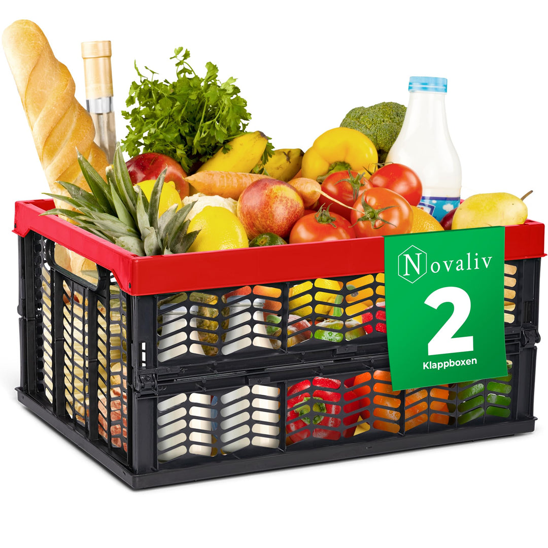 Novaliv Klappboxen faltbar stabil 2x 30L Rot Schwarz baskets Einkaufskiste Klappkisten Set Tragebox