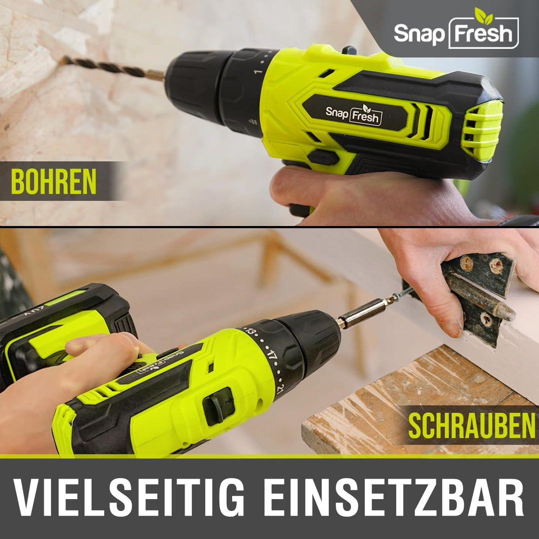 SnapFresh Akku-Bohrschrauber Set 20V – Nur 0,8kg, 35N·m Drehmoment, 2-Gang, LED-Licht, 43tlg Zubehör