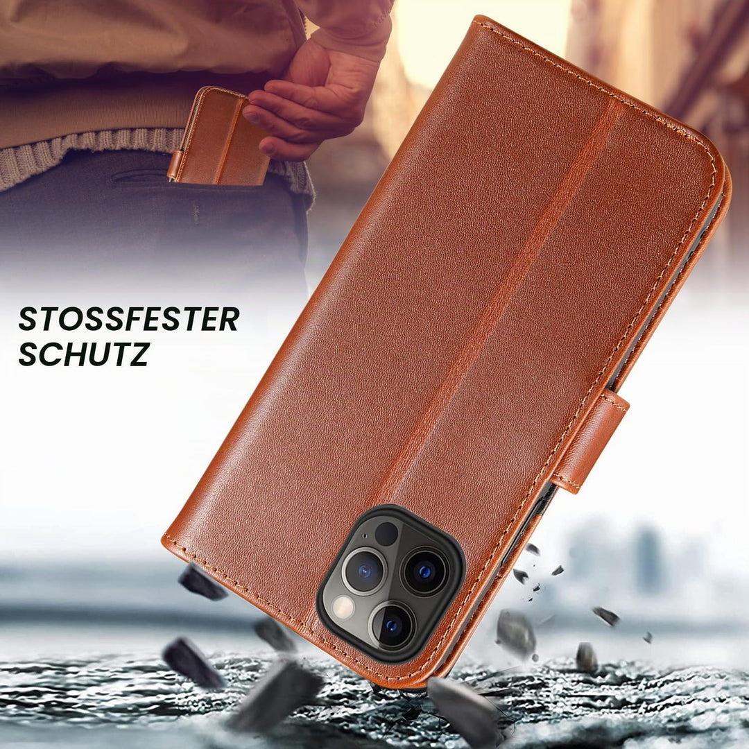 LENSUN Echtleder Hülle für iPhone 12, iPhone 12 Pro Handyhülle Echtes Leder Etui [Kartenfach][RFID B