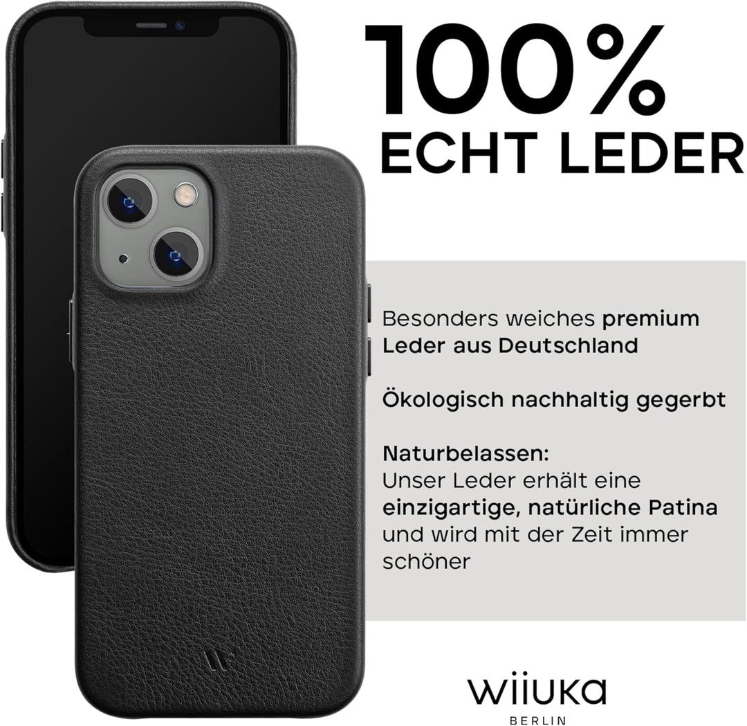 WIIUKA Hülle für iPhone 13, Deutsches Leder, Lederhülle extra Dünn, Premium Handyhülle, Case, Qi, Sc