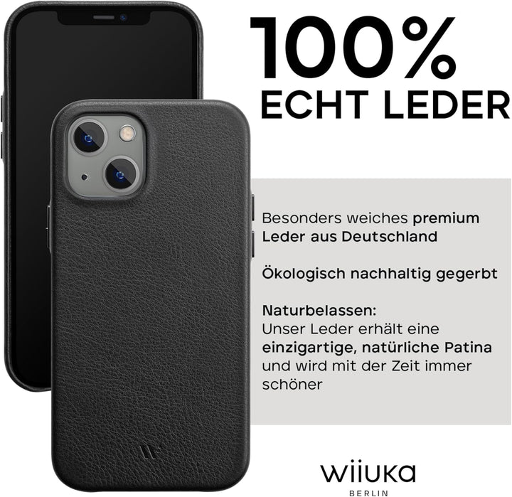 WIIUKA Hülle für iPhone 13, Deutsches Leder, Lederhülle extra Dünn, Premium Handyhülle, Case, Qi, Sc