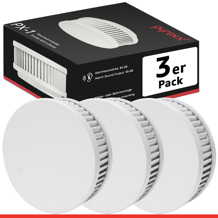 Pyrexx PX-1 • 3 er-Set • Rauchmelder 10 Jahre Batterie mit Magnet-Halterung ohne Bohren und LED-Blin