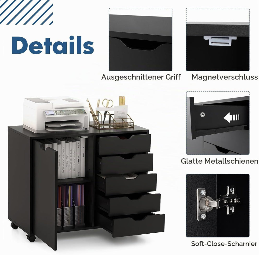 KOMFOTTEU Aktenschrank mit Rollen, Rollcontainer mit 5 Schubladen, Schubladenschrank Bürocontainer D