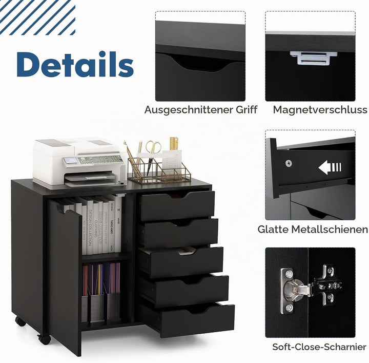 KOMFOTTEU Aktenschrank mit Rollen, Rollcontainer mit 5 Schubladen, Schubladenschrank Bürocontainer D