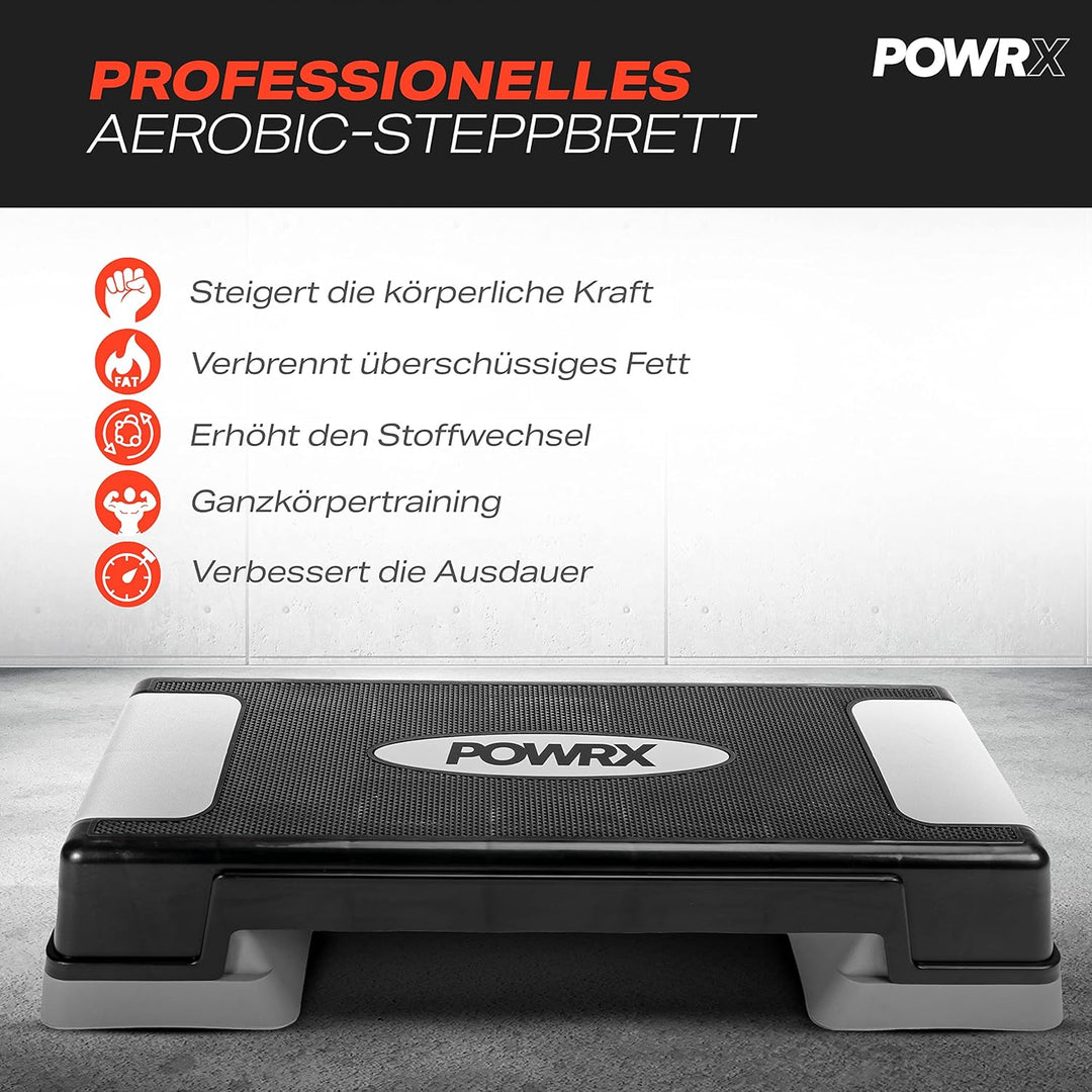 POWRX Aerobic Steppbrett 12/17/24cm (3 Stufen) I Steppbrett für zuhause höhenverstellbar und rutschf