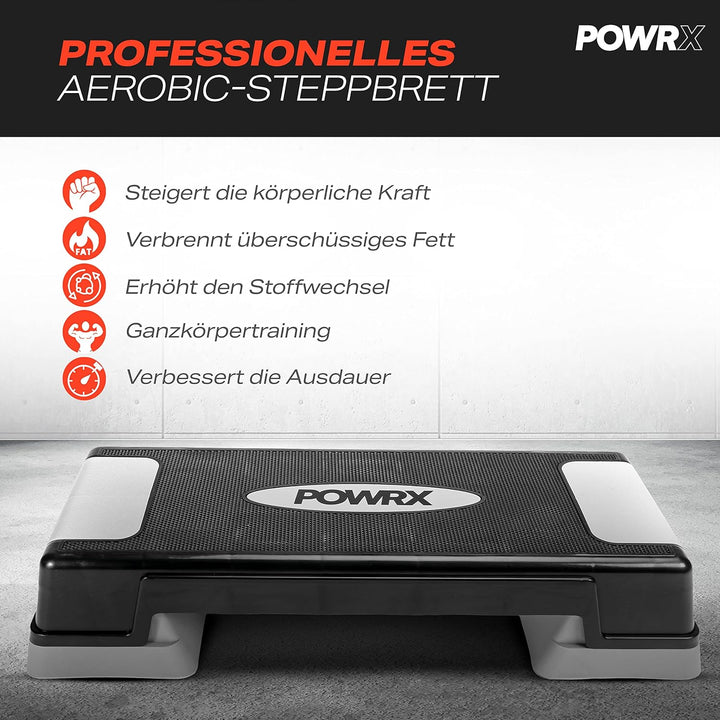 POWRX Aerobic Steppbrett 12/17/24cm (3 Stufen) I Steppbrett für zuhause höhenverstellbar und rutschf