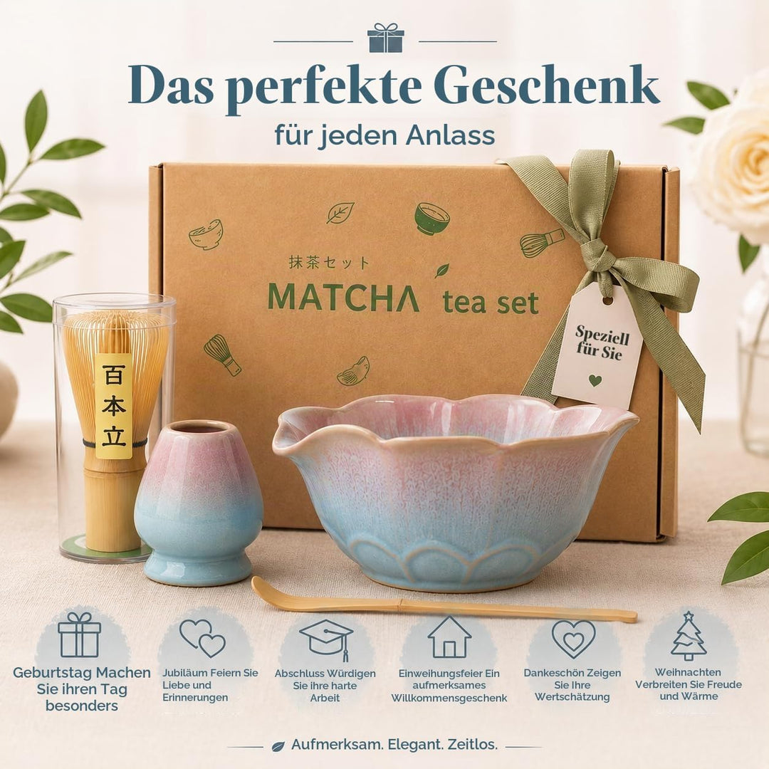 Matcha Set 5-teilig, Matcha Schale mit Ausgiesser in Blumenform Blau Rosa, Chasen, Bambusbesen, Chas