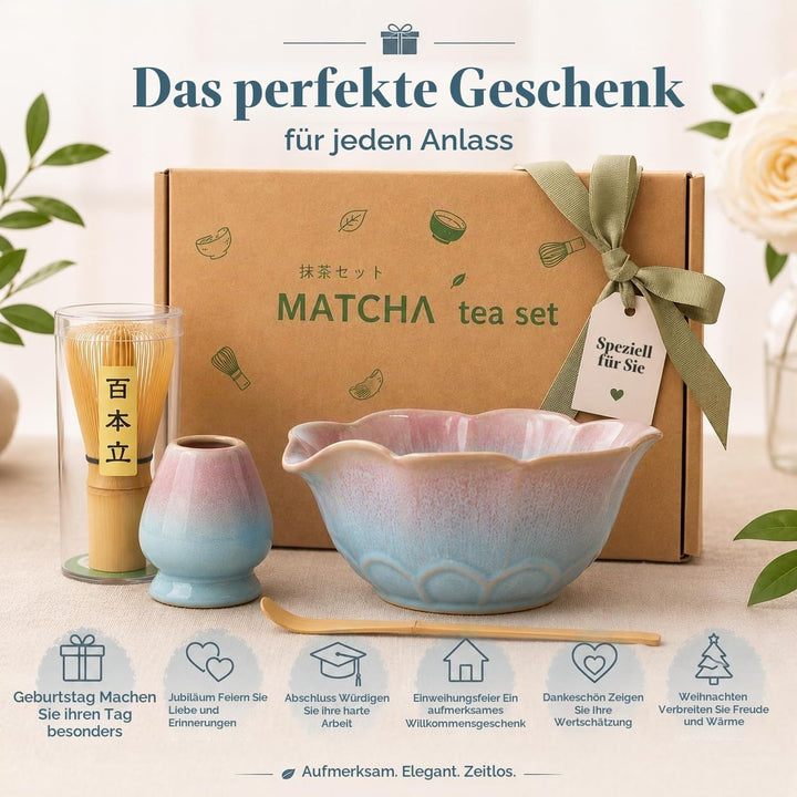 Matcha Set 5-teilig, Matcha Schale mit Ausgiesser in Blumenform Blau Rosa, Chasen, Bambusbesen, Chas