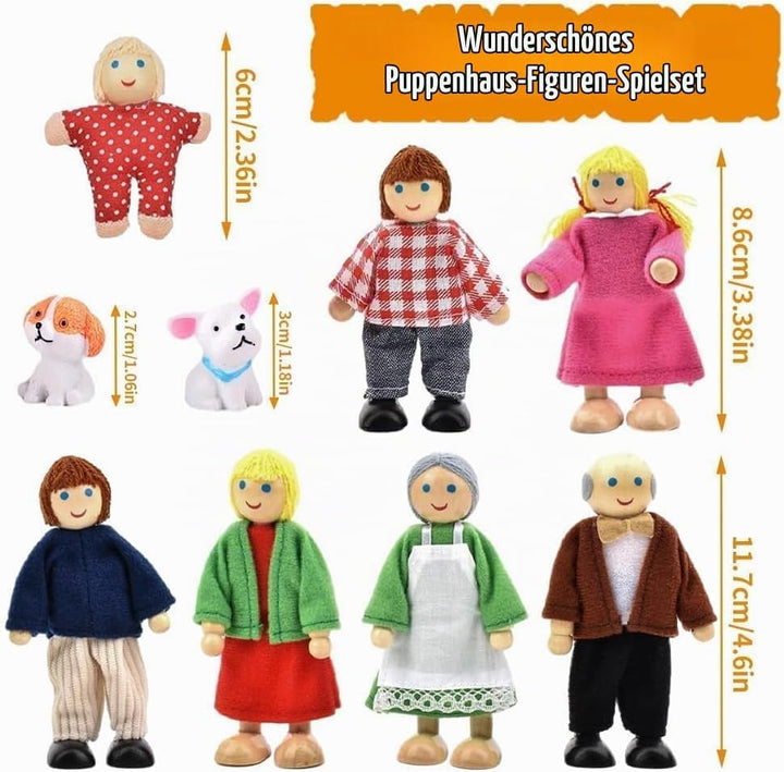 Hölzerne Puppenhaus Puppen Familie Set mit Katze und Hund, 9 Stück Verstellbare Familienpuppen Figur