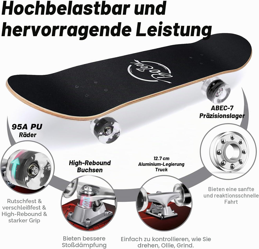 BELEEV Skateboard 31x8 Zoll Komplette Cruiser Skateboard für Kinder Jugendliche Erwachsene, 7-Lagige