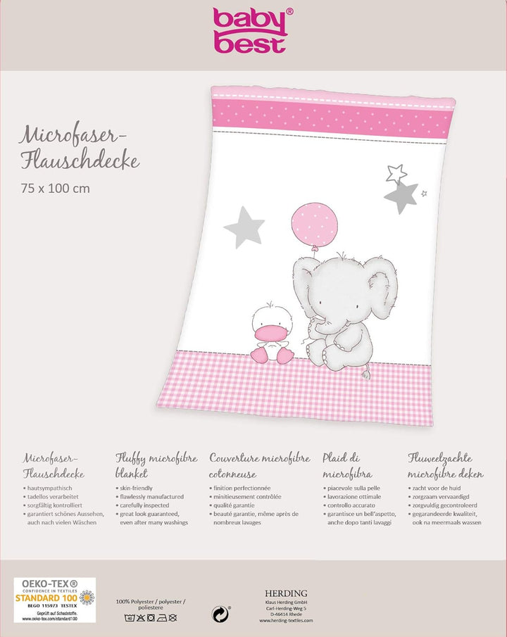 Herding Fynn Babydecke, Elefant Motiv, 75 x 100 cm, Microfaserflausch, Weiss/Rosa