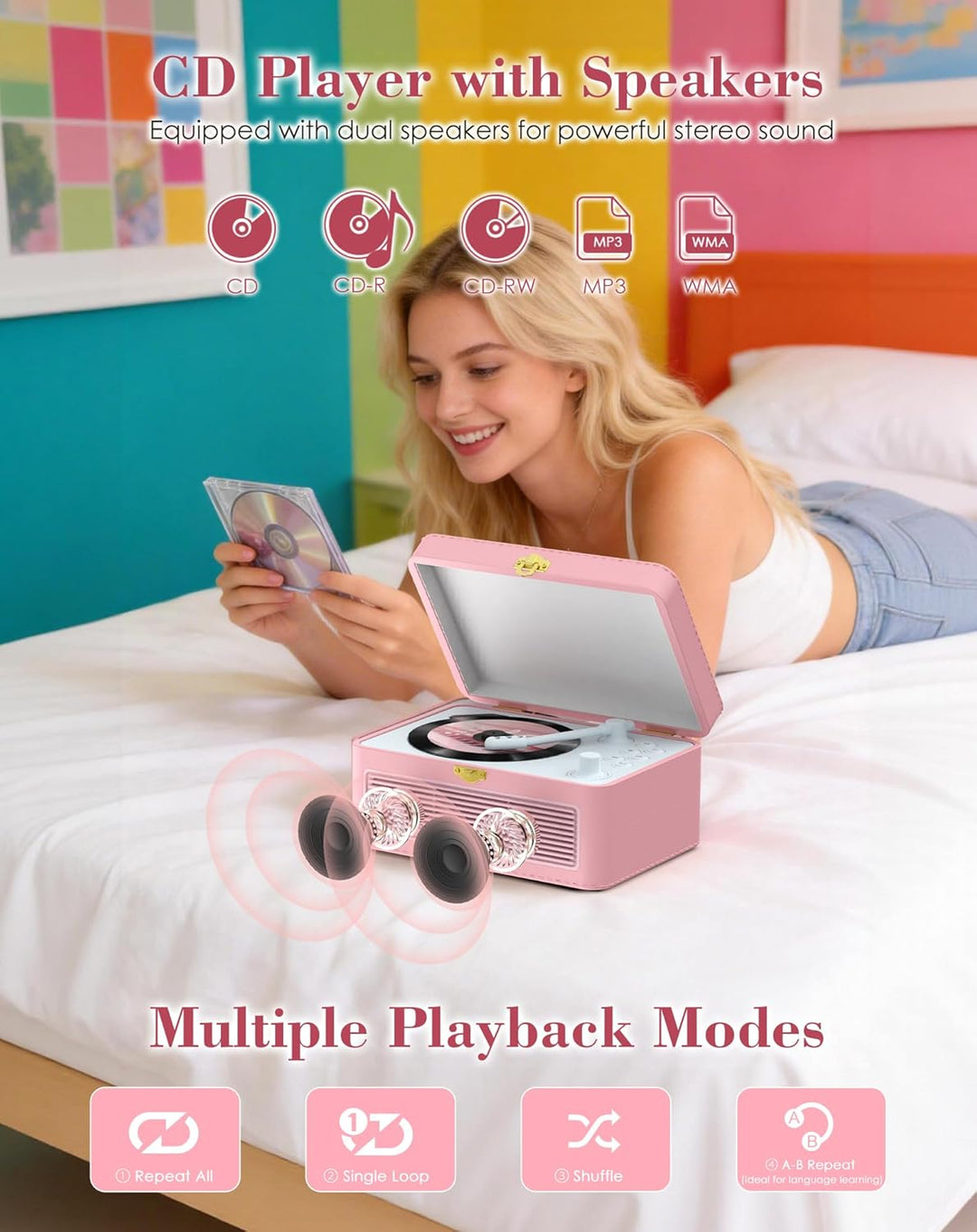 Tragbar CD Player Bluetooth Retro Radio mit CD-Player mit Lautsprecher Unterstützung USB & AUX-Wiede