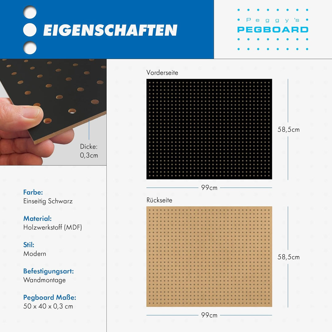 Peggy´s PEGBOARD Mini Lochwand aus Holz (MDF) 50 x 40 x 0,3 cm - Lochung Ø5 mm Abstand 15 mm - schwa