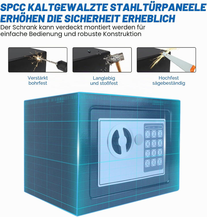 Tresor Feuerfest Wasserdicht Möbeltresor mit Zahlenschloss und 2 Schlüssel Eisenstahl Safe Wandtreso