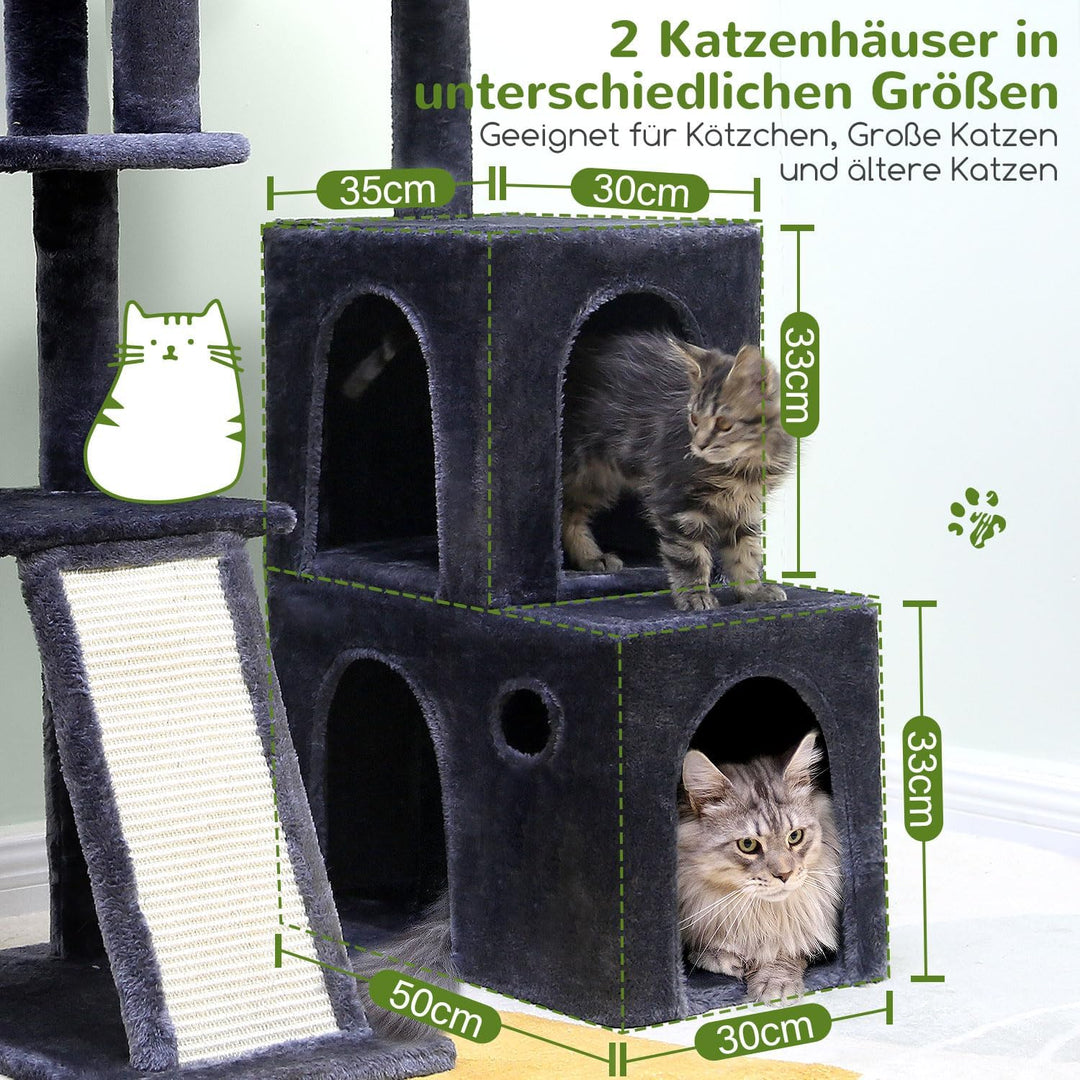 Globlazer Kratzbaum Stabil mit 2 Gross Basis, 2 Katzenhaus 90° Drehbares, Gepolsterte Plattform, Sis