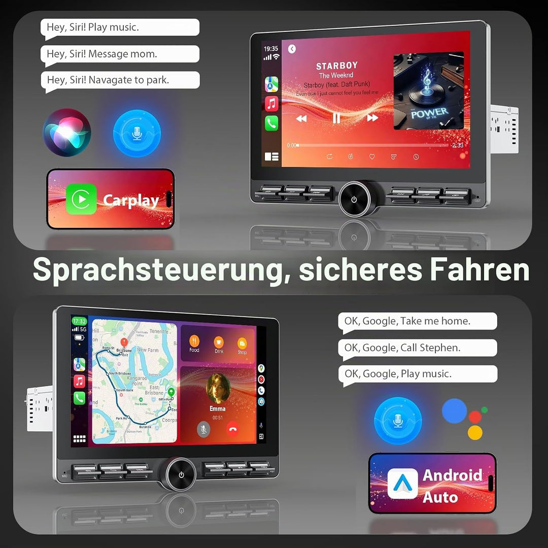 Haudio 1 DIN Bluetooth DAB Autoradio,mit Wireless CarPlay und Android Auto,10” Touch Display mit Rüc